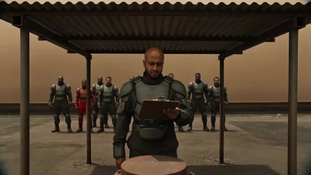 Armored soldier reading a clipboard while a squad stands at attention behind him