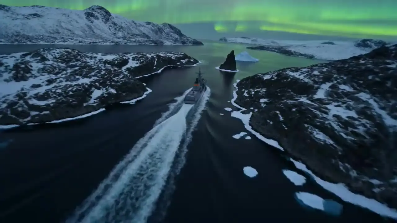 Warship cutting through an arctic fjord beneath green aurora